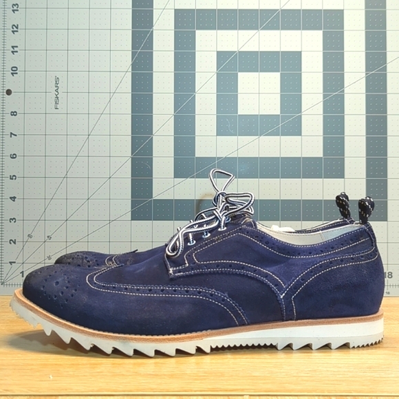 Narrative Blue Suede Shark Tooth Derby Oxford Brogue Wingtip Shoe Italy 44 11
